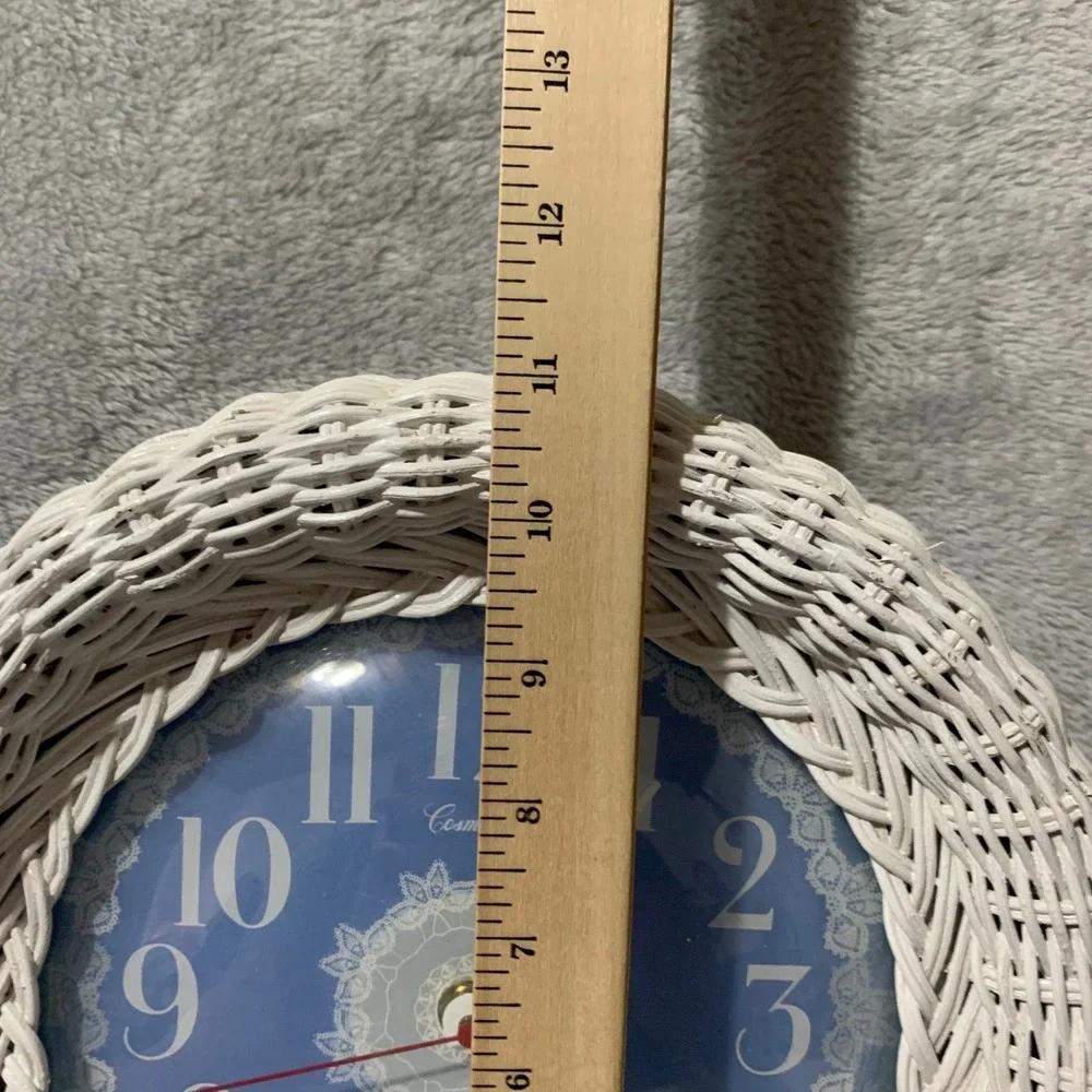 Cosmotime Retro Wicker Wall Clock Blue Lace Face Quartz Battery Operated Vintage